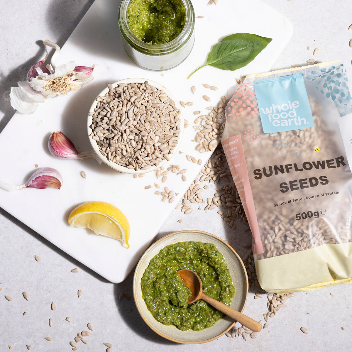 Whole Food Earth sunflower seeds in a bowl, close-up of fresh, crunchy nuts and seeds for healthy snacking or cooking.