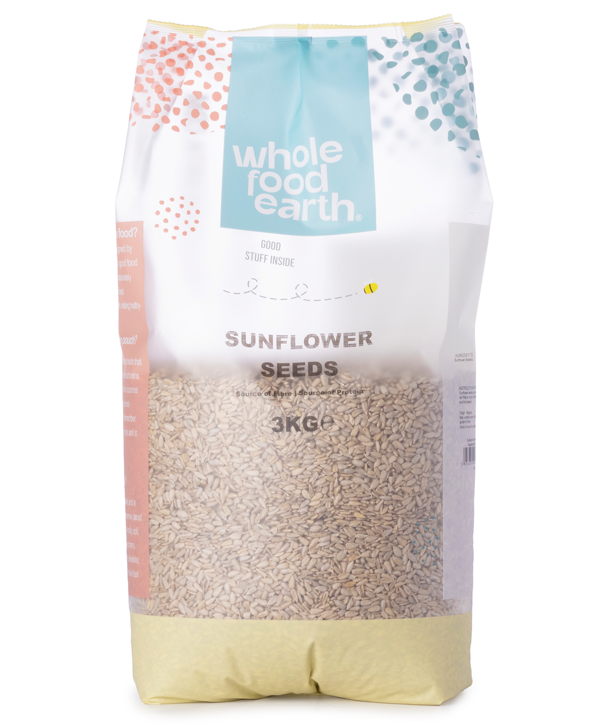 Whole Food Earth sunflower seeds, nuts and seeds product, 3kg bag showing fresh sunflower seeds in a natural setting.
