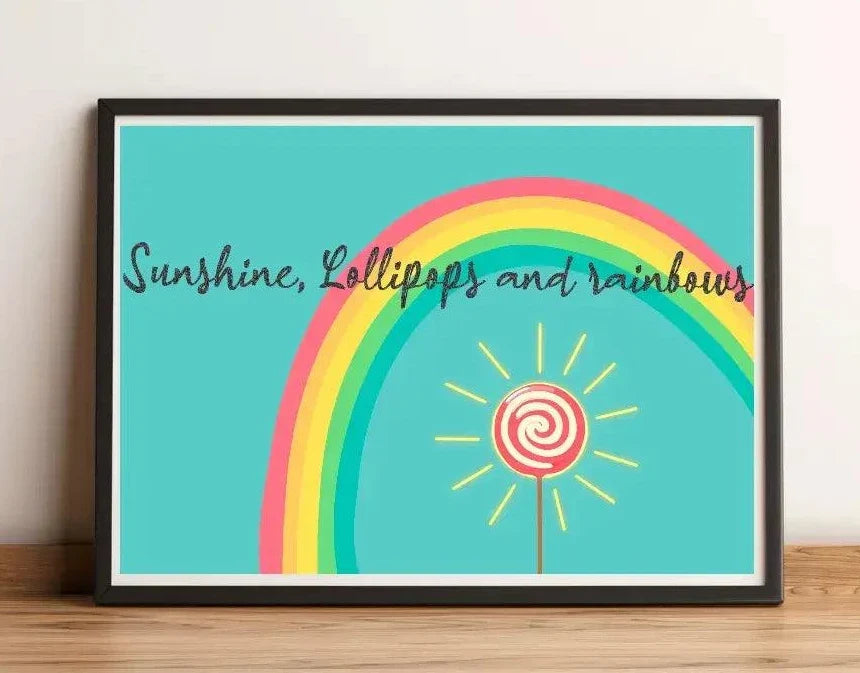 Colorful Sunshine Lollipops & Rainbows wall art print by KEOLIX featuring vibrant, whimsical illustrations on high-quality paper.