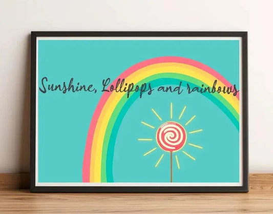 Colorful Sunshine Lollipops & Rainbows wall art print by KEOLIX featuring vibrant, whimsical illustrations on high-quality paper.