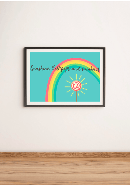 Colorful wall art print by KEOLIX featuring sunshine, lollipops, and rainbows, perfect for vibrant home decor.
