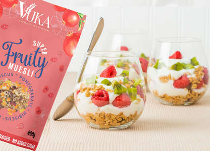 Goch & Co Super Fruity Muesli with hibiscus and pomegranate in a healthy yogurt breakfast bowl