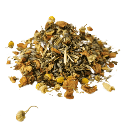 Loose leaf Sweet Dreams herbal and fruit sleep tea by Porter Hill Tea Company in a clear glass jar.