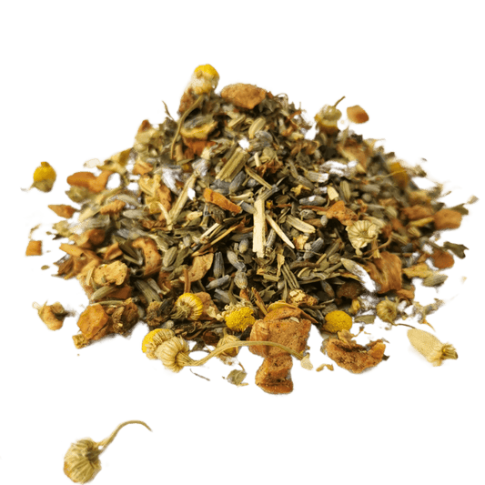 Loose leaf Sweet Dreams herbal and fruit sleep tea by Porter Hill Tea Company in a clear glass jar.