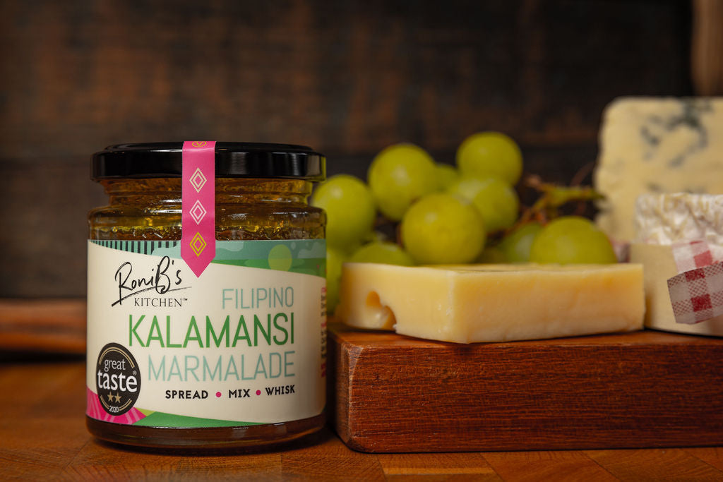 RoniBs Kitchen Filipino Kalamansi Marmalade with Don Papa Rum jar, vegan jam and jelly with vibrant citrus and rum flavor.