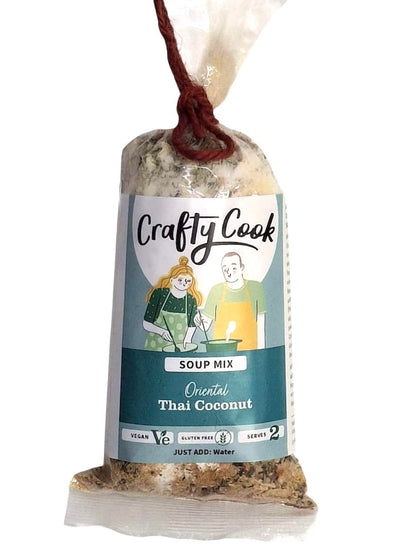 Three Crafty Cook soup collection meals in 2-serving containers, showcasing colorful, fresh ingredients in each bowl.