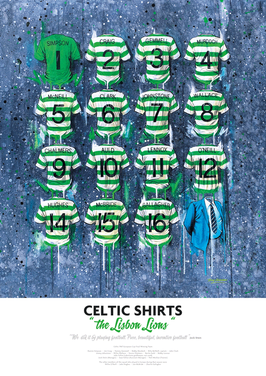 Limited edition A2 signed print of Celtic FC 'The Lisbon Lions' by Terry Kneeshaw Art, showcasing detailed artwork of the iconic team.