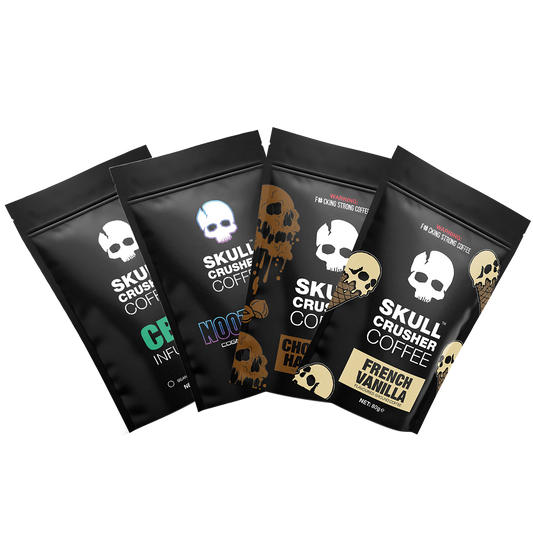Skull Crusher Coffee Trial Bag Bundle featuring assorted coffee samples in small resealable bags.