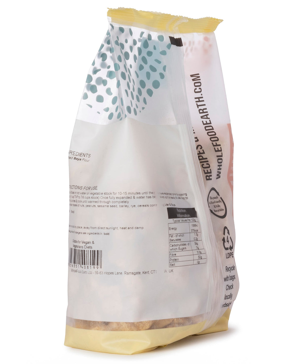 Whole Food Earth TVP Natural Chunks Soya Protein in 250g package, showing raw soy protein chunks on a white background.