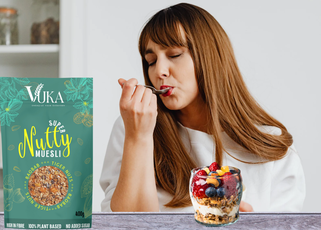 Lady enjoying Premium protein rich super nutty muesli serving for breakfast
