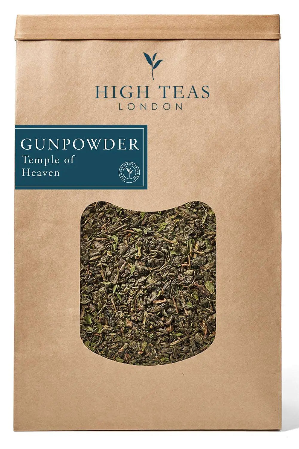 Loose leaf Gunpowder tea labeled Temple of Heaven by High Teas, showcasing dark green leaves in a clear container.