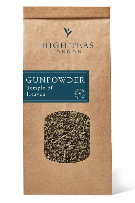 Loose leaf Gunpowder tea called Temple of Heaven by High Teas, showcasing green tea leaves in a natural, fresh appearance.
