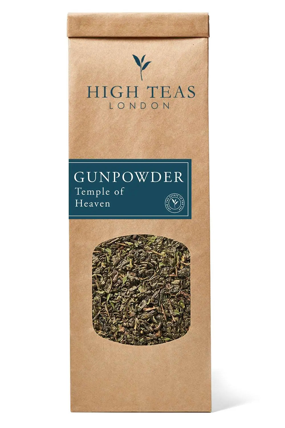 Loose leaf Gunpowder tea called Temple of Heaven by High Teas, featuring dark green tea leaves in a natural, rolled pellet shape.