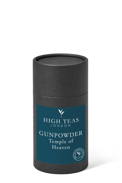 Loose leaf Gunpowder "Temple of Heaven" tea by High Teas, showcasing green tea leaves with a rolled, pellet shape and rich aroma.