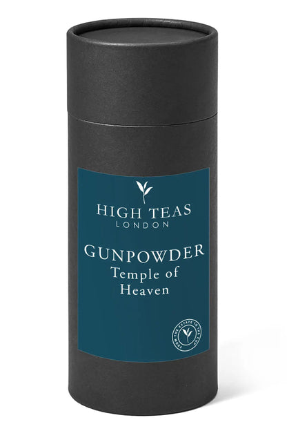 Loose leaf Gunpowder tea called Temple of Heaven by High Teas, shown in a clear image with tea leaves and packaging.