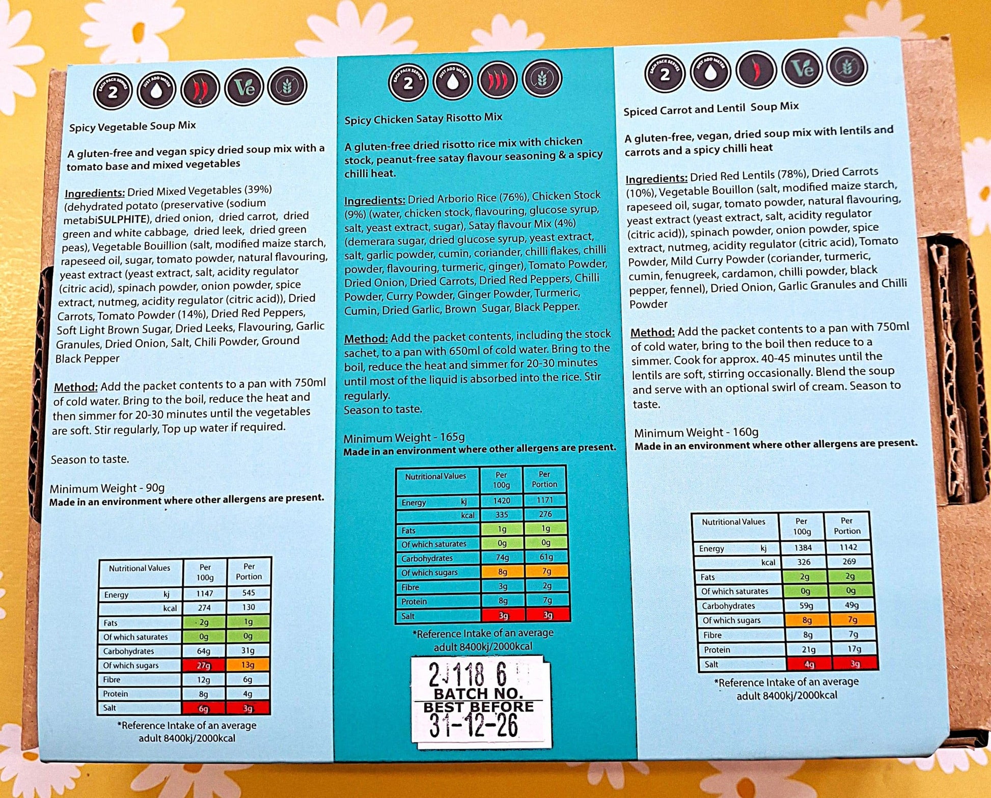 Back view of Crafty Cook's Spicy One gluten-free meal pack featuring three 2-serving spicy meal containers.