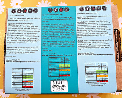 Back view of Crafty Cook's Spicy One gluten-free meal pack featuring three 2-serving spicy meal containers.