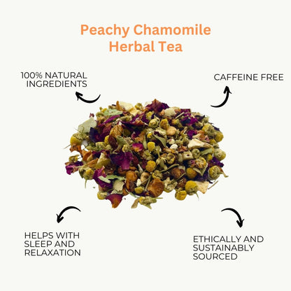 Loose leaf Peachy Chamomile tea from ArtisanBox, showing dried chamomile flowers and peach pieces in a natural tea blend.
