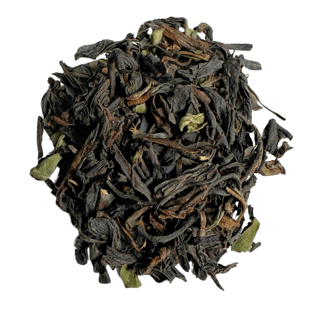 Loose leaf black tea called The Clocktower All Day Blend by Porter Hill Tea Company, shown in a clear image of tea leaves.