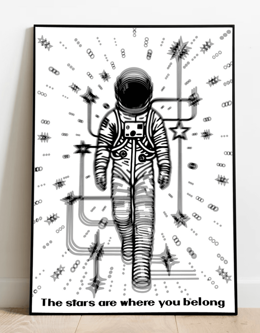 Close-up of KEOLIX "The Stars Are Where You Belong" print featuring a celestial starry sky design on high-quality paper.