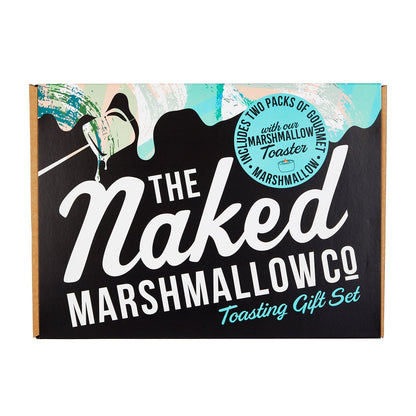 Set of marshmallow toasting gift set with colorful marshmallows and roasting sticks from THE MARSHMALLOW FACTORY.