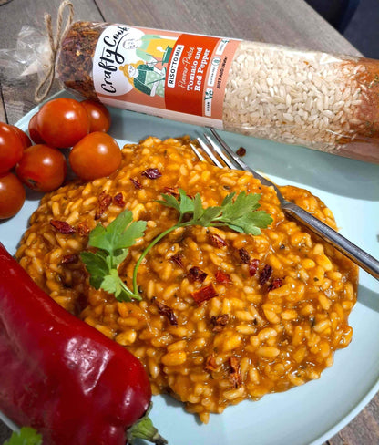 Crafty Cook Easy Meals Family Plan image showing a vibrant tomato and red pepper risotto mix in a bowl.