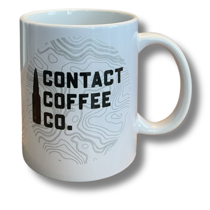 Contact Coffee Company Ltd. topographic gear mug featuring a detailed map design for coffee lovers and outdoor enthusiasts.