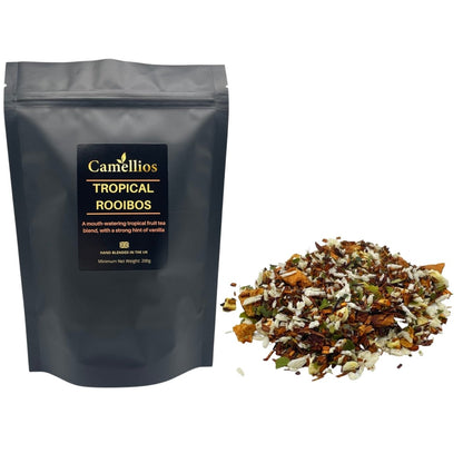 Loose leaf Tropical Rooibos tea by ArtisanBox in 200g package, showcasing vibrant red rooibos leaves and dried tropical fruit pieces.