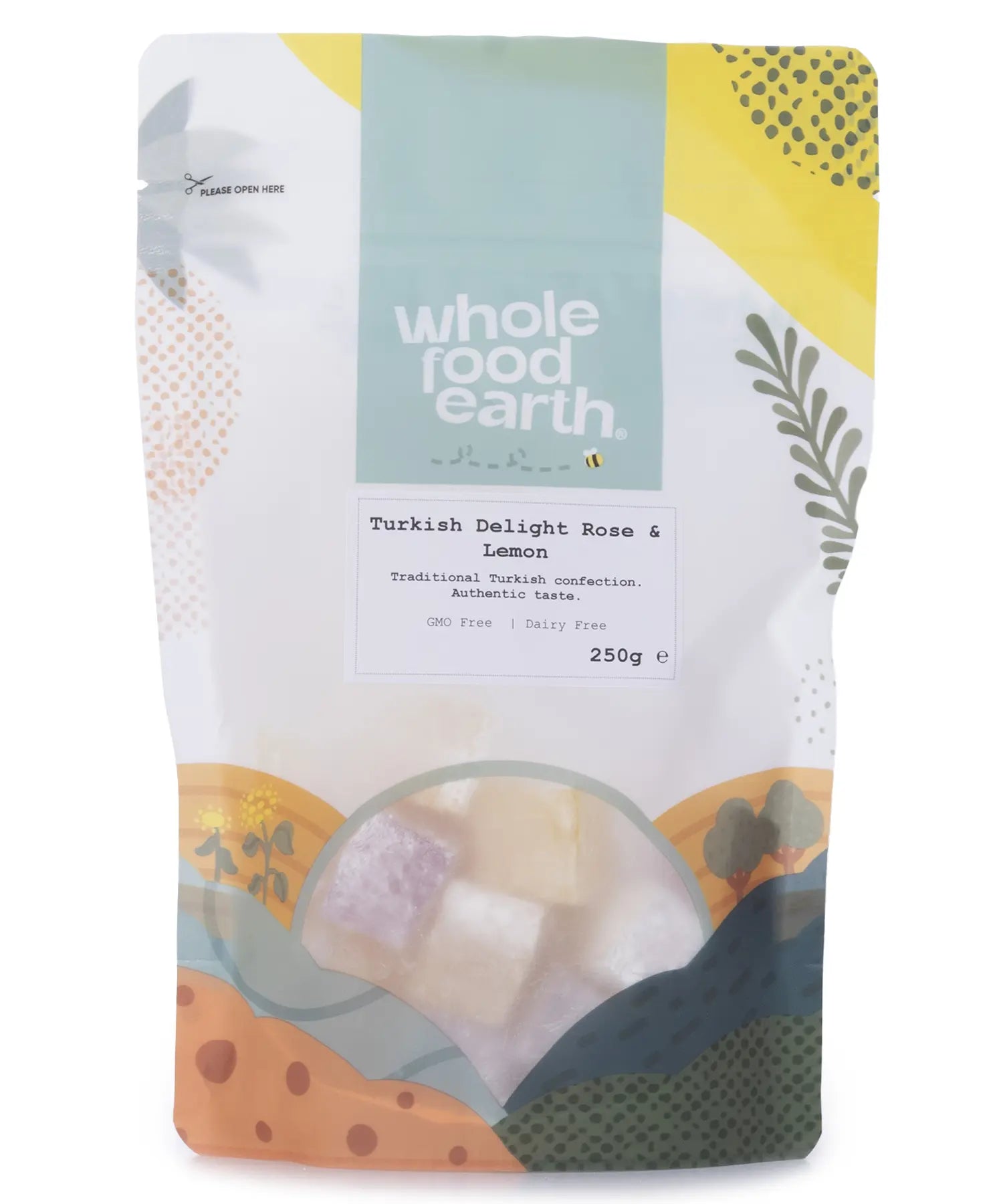 Turkish Delight with rose and lemon flavor from Whole Food Earth, showing colorful, fragrant pieces of specialty Turkish sweets.
