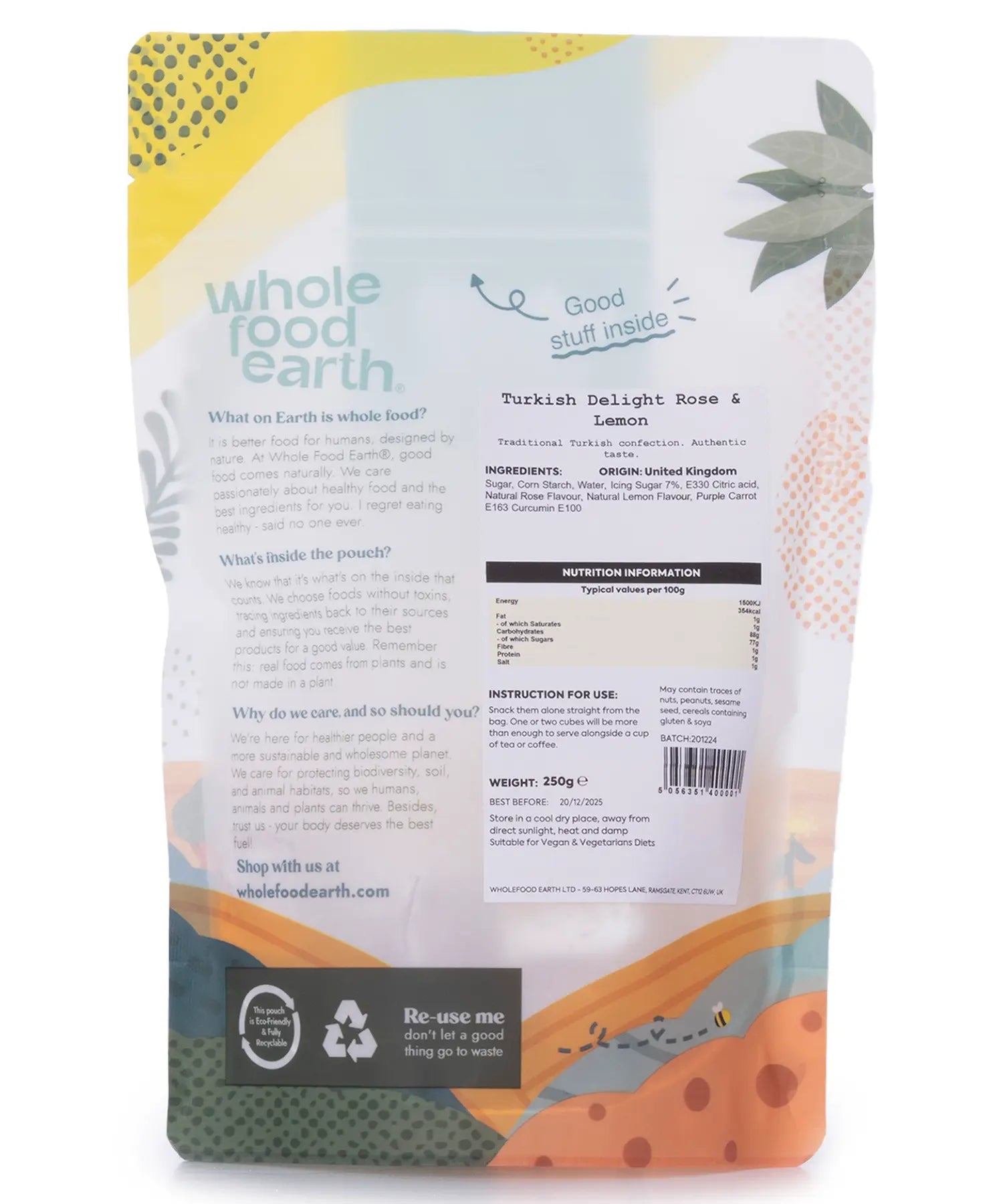 Turkish Delight with rose and lemon flavor from Whole Food Earth, showcasing colorful, textured pieces in a clear container.