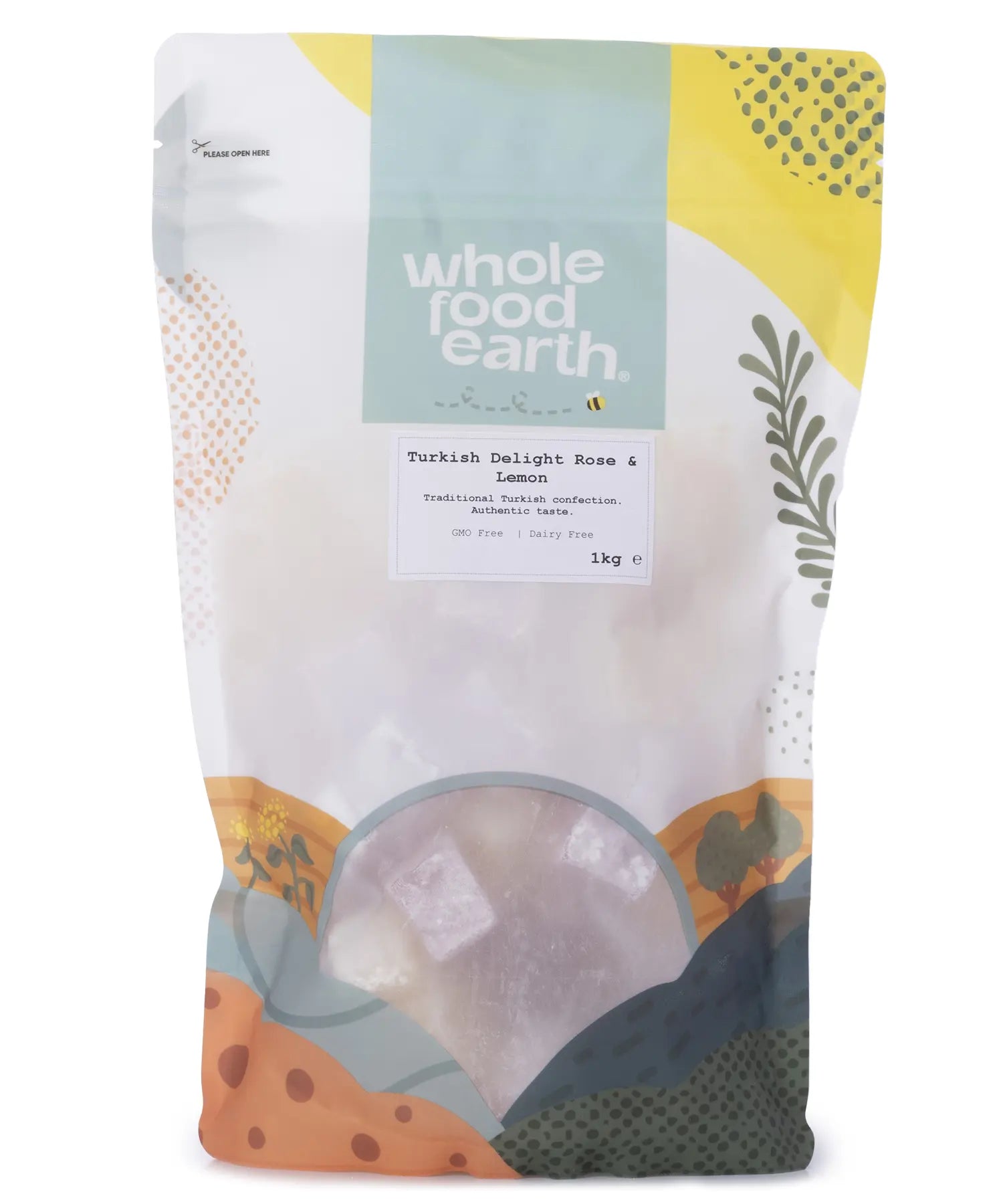 Turkish Delight with rose and lemon flavors from Whole Food Earth, showing glossy pink and yellow cubes in a close-up shot.