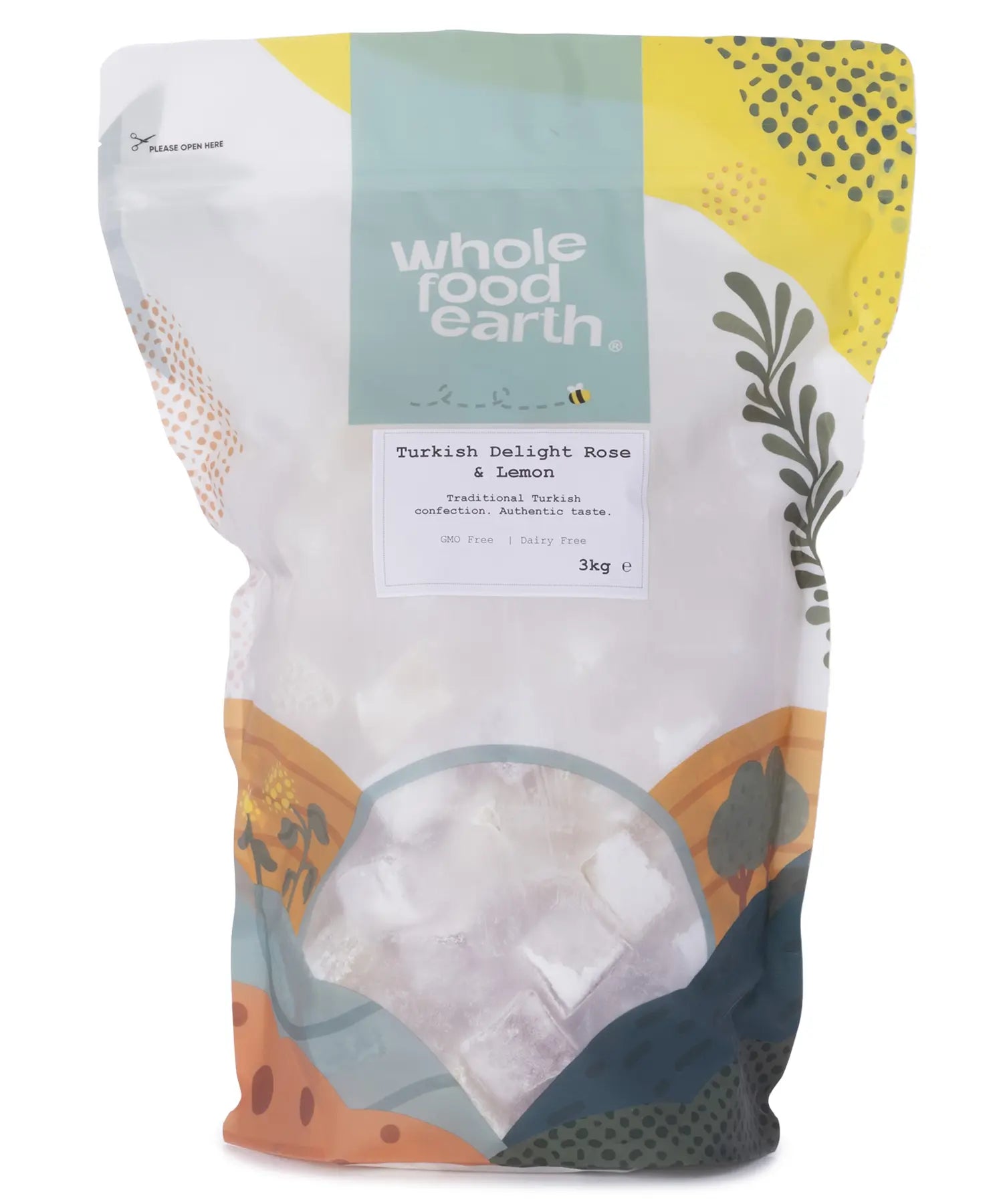 Turkish Delight with rose and lemon flavors from Whole Food Earth, showcasing colorful, textured pieces of specialty confectionery.