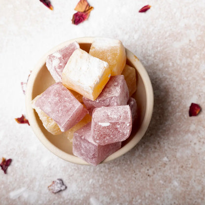 Turkish Delight with rose and lemon flavor, showing pieces of specialty Turkish confection made by Whole Food Earth
