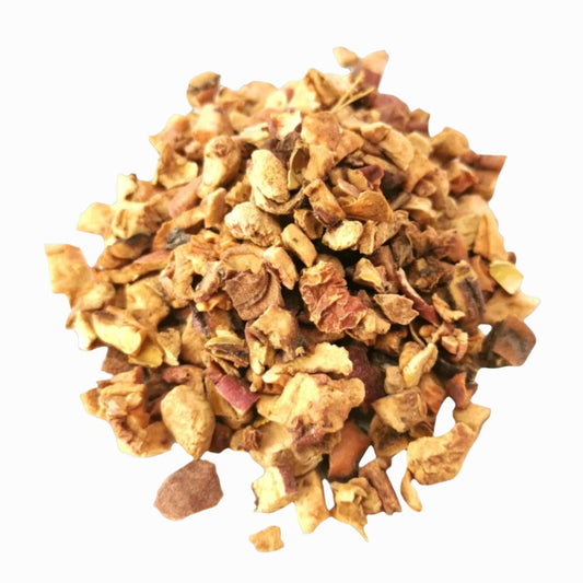Organic Turkish Apple Tea from Porter Hill Tea Company, showing fresh apple fruit and herbal tea ingredients in a clear jar.