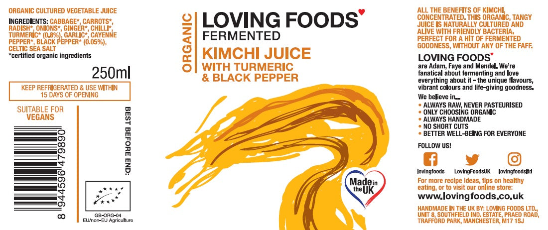 Organic kimchi juice by Loving Foods, fermented vegetable drink with turmeric and black pepper in a glass bottle.