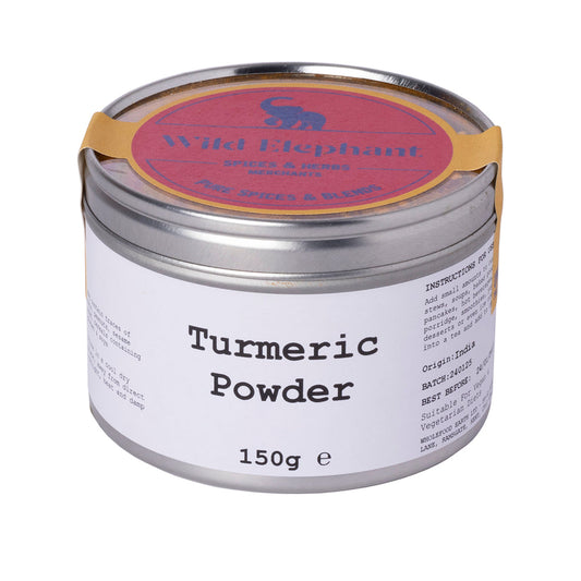 Golden yellow turmeric powder from Wild Elephant, 150g, in a jar, showcasing fresh, finely ground turmeric spice for cooking.