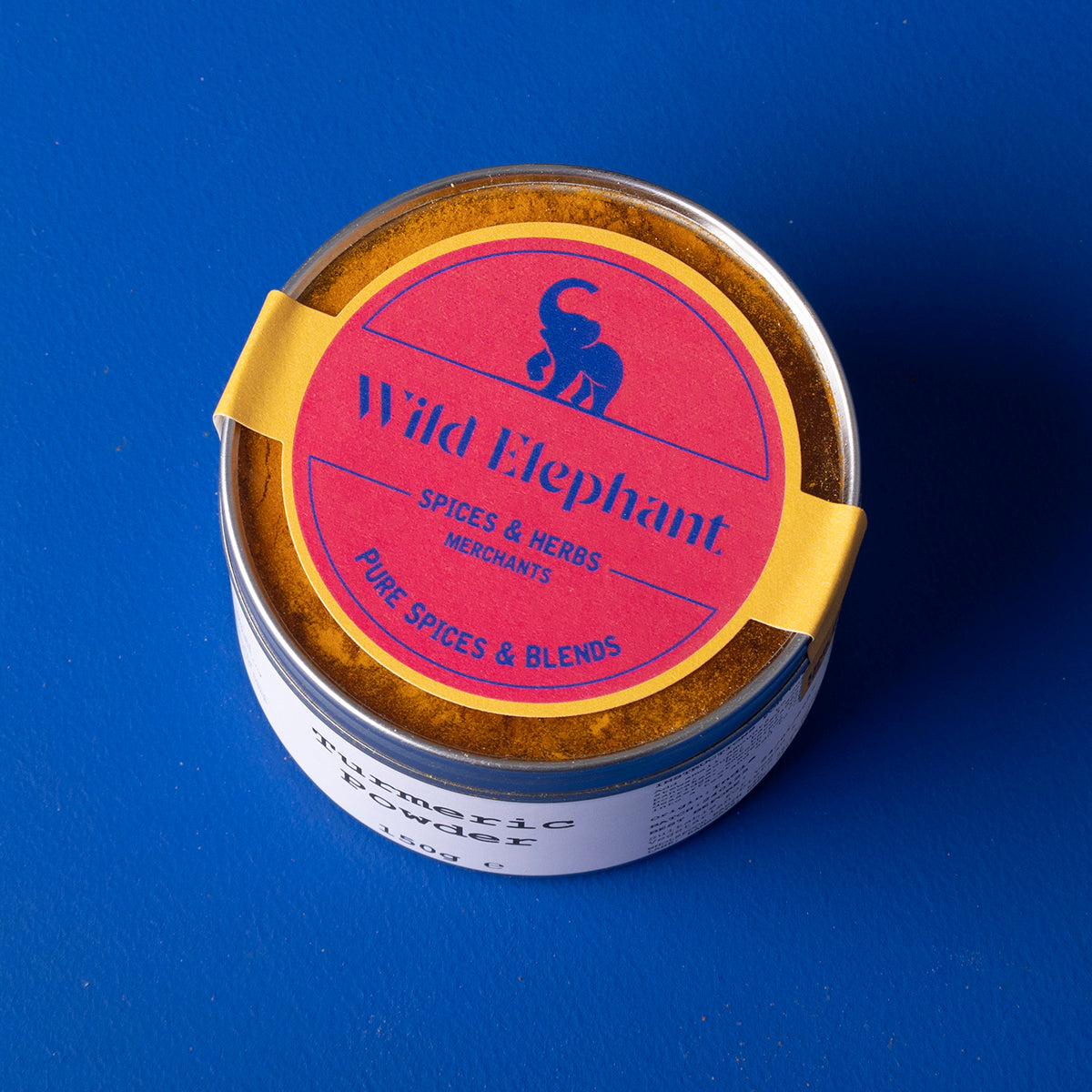 Organic turmeric powder from Wild Elephant in a 150g package, featuring bright yellow turmeric spice for cooking and health benefits.
