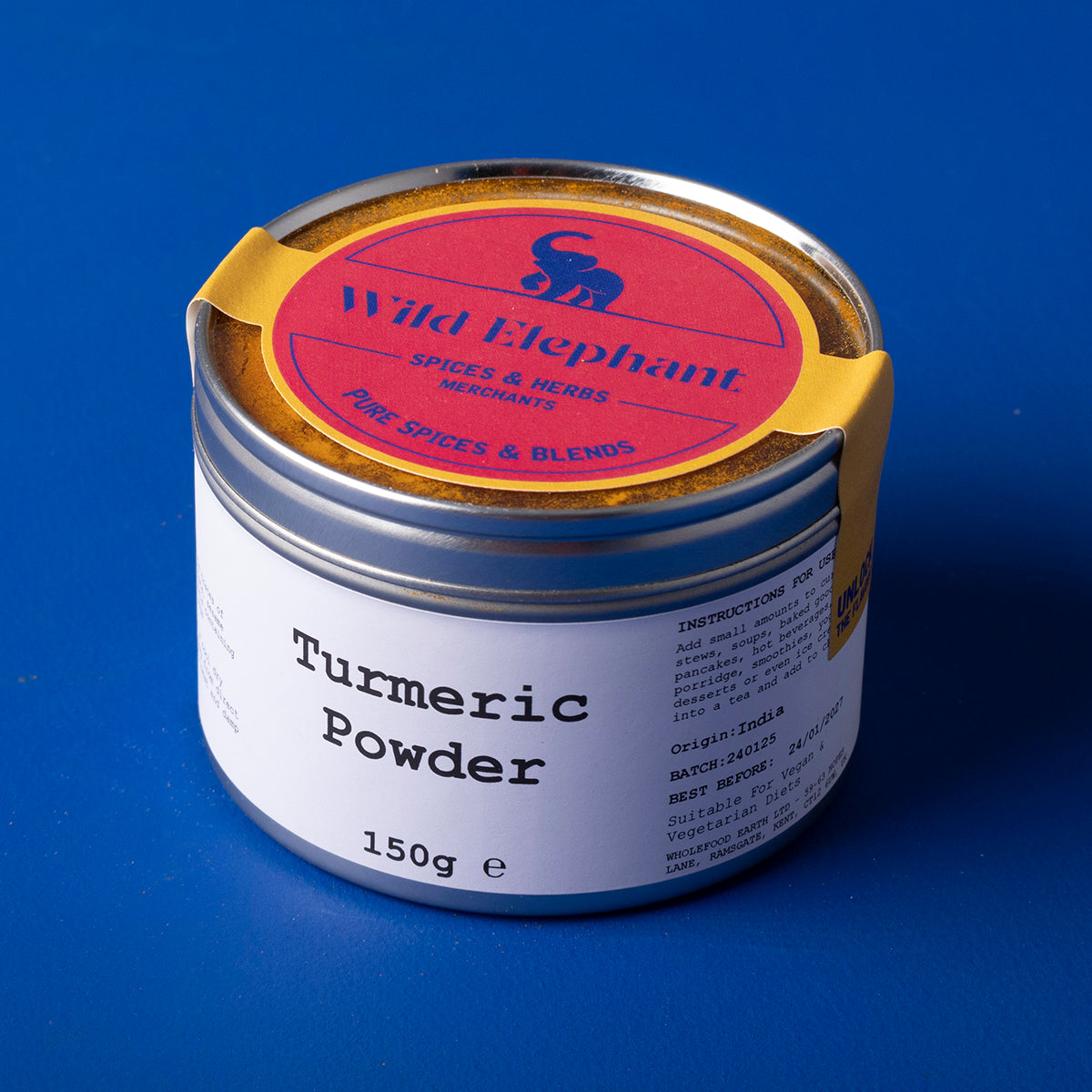 Organic turmeric powder from Wild Elephant in a 150g package, part of Whole Food Earth herbs and spices collection.