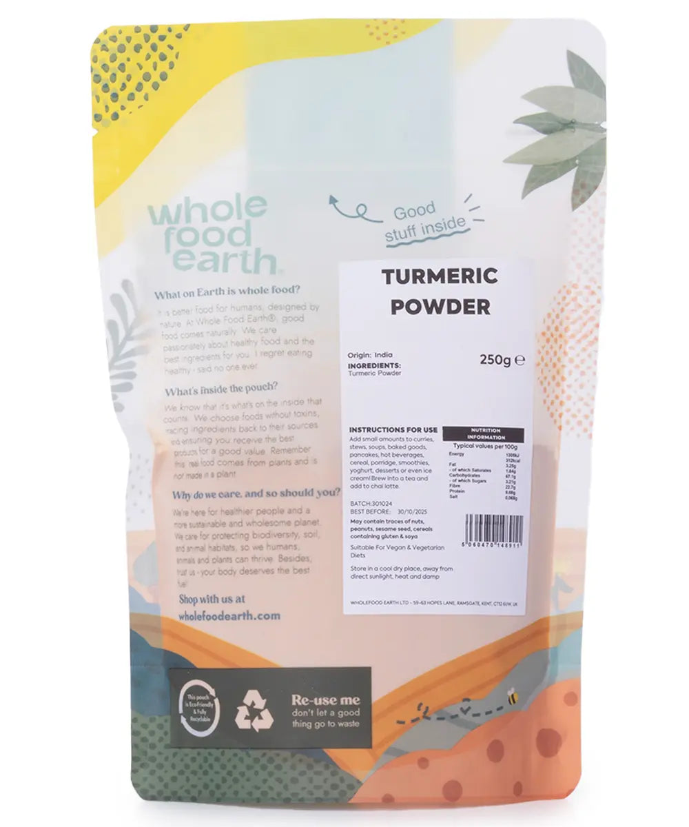 Whole Food Earth turmeric powder in a 250g jar, vibrant orange herbs and spices for cooking and health benefits.