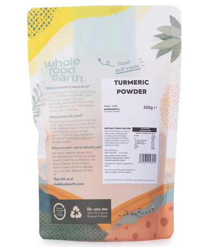 Whole Food Earth turmeric powder in a 250g jar, vibrant orange herbs and spices for cooking and health benefits.