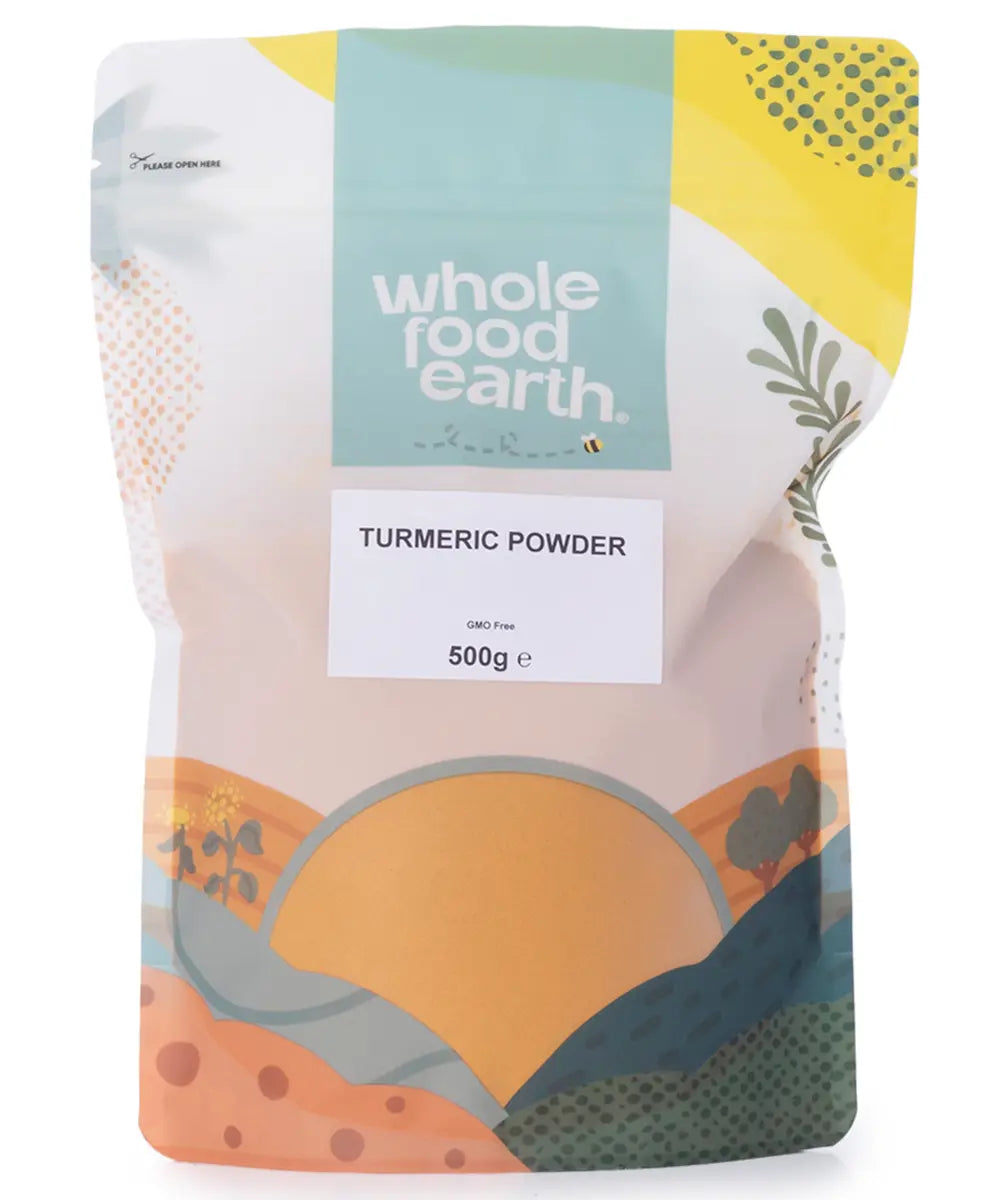 Organic Whole Food Earth turmeric powder in a 500g package, showing bright yellow turmeric spice in a clear container.
