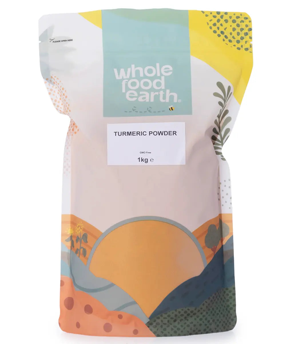 Organic Whole Food Earth turmeric powder in a 1kg package, vibrant yellow spice for herbs and spices use.