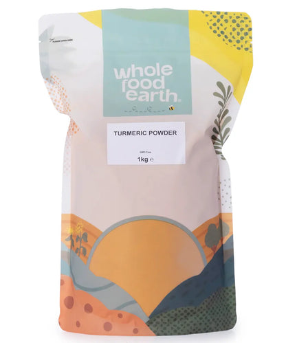 Organic Whole Food Earth turmeric powder in a 1kg package, vibrant yellow spice for herbs and spices use.