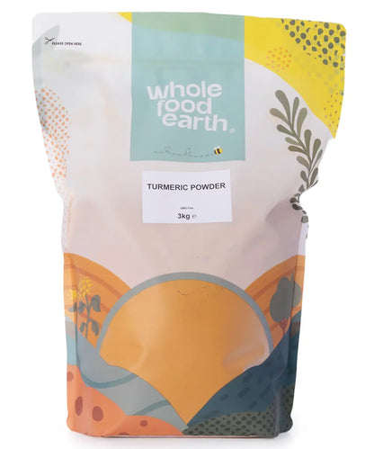 Whole Food Earth turmeric powder in a 3kg bag, vibrant yellow herbal spice used for cooking and health benefits