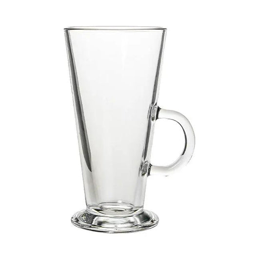 Clear 290ml latte glass from Glassware UK, showcasing a sleek coffee glass design with a smooth rim and transparent body.