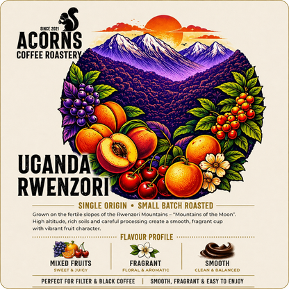 Medium roast Uganda Rwenzori coffee beans from Acorns Coffee & Cake, showcasing vibrant, fruity coffee beans in a close-up shot.