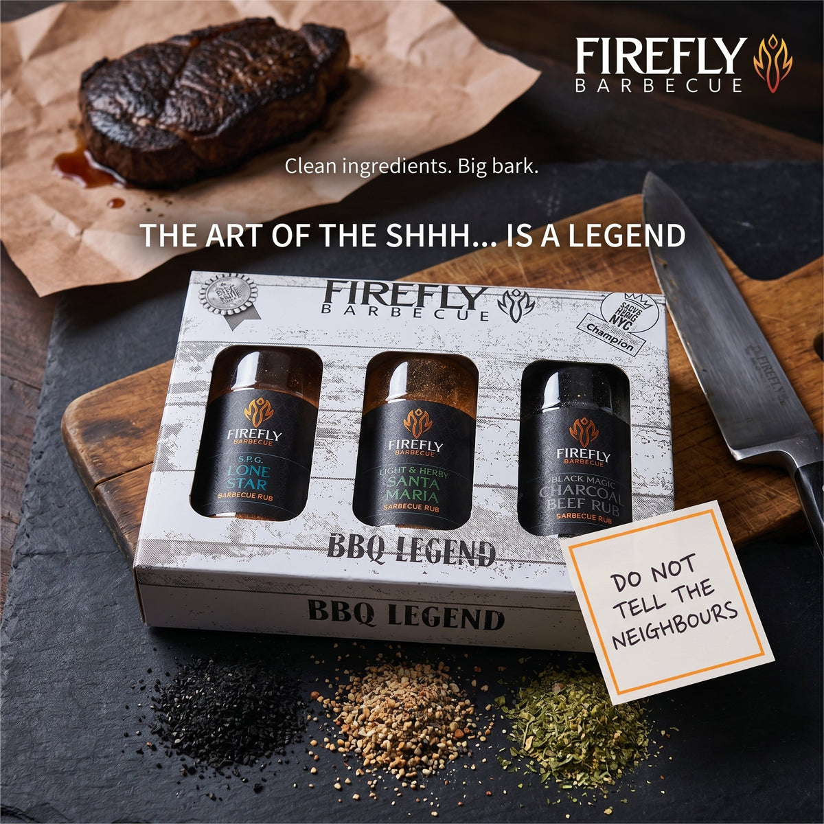 FireFly Barbecue BBQ Legend 3-beefy BBQ rubs gift box, showcasing flavorful spice blends for grilling and barbecue.