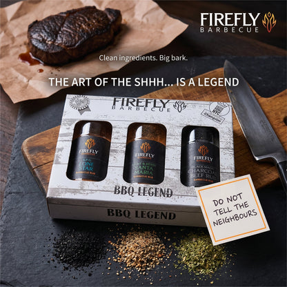 FireFly Barbecue BBQ Legend 3-beefy BBQ rubs gift box, showcasing flavorful spice blends for grilling and barbecue.