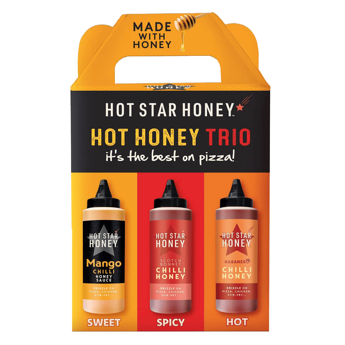Hot Star Honey Hot Honey Sauce Trio gift set with three bottles of flavorful honey-infused hot sauces arranged together.