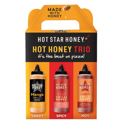 Hot Star Honey Hot Honey Sauce Trio gift set with three bottles of flavorful honey-infused hot sauces arranged together.